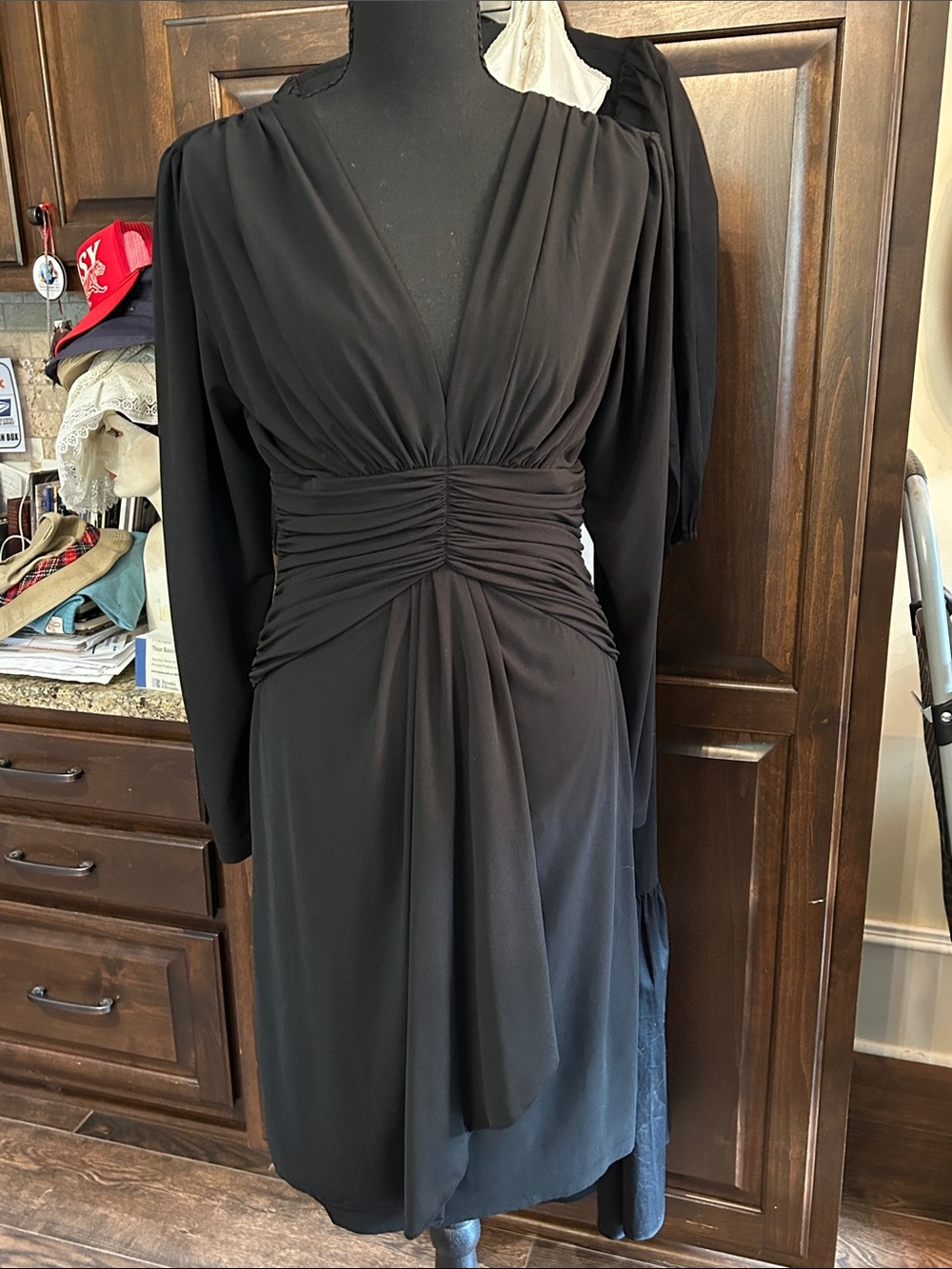 Neiman Marcus Black Ruched-Waist V-Neck Midi Dress